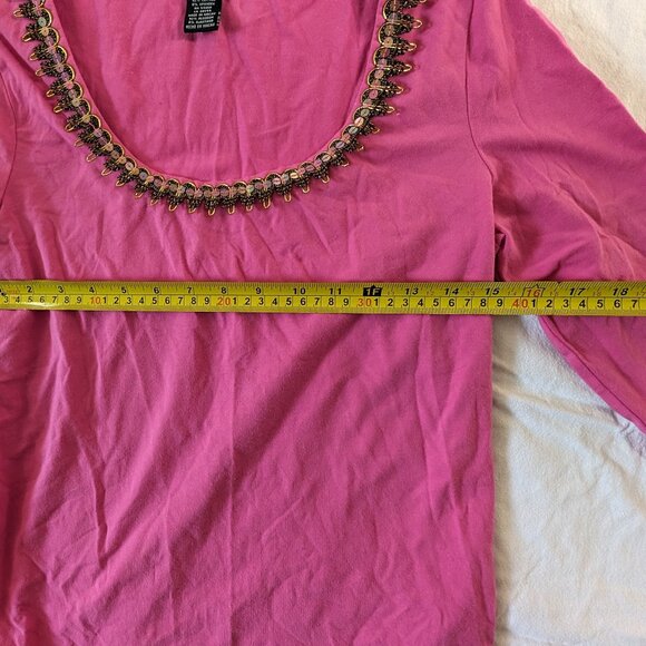 JONES NEW YORK SIGNATURE WOMEN'S PULL OVER PINK SHIRT SIZE MEDIUM NECK BLING TOP - Picture 8 of 16